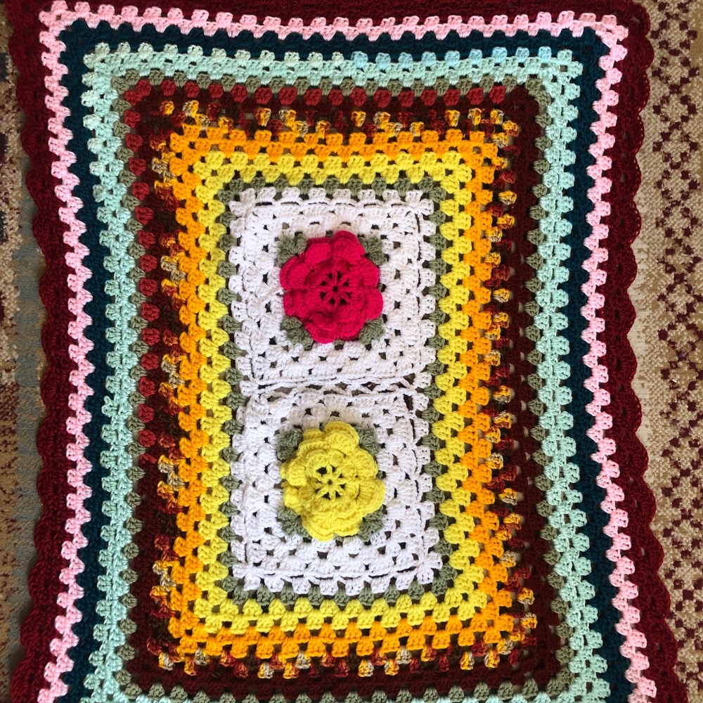 Granny Square Afghan Blanket Floral Detail Multicolor Handmade Hippy Retro Boho